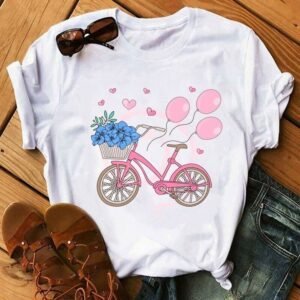 Cycle with Flower & Balloon Printed T-Shirt White
